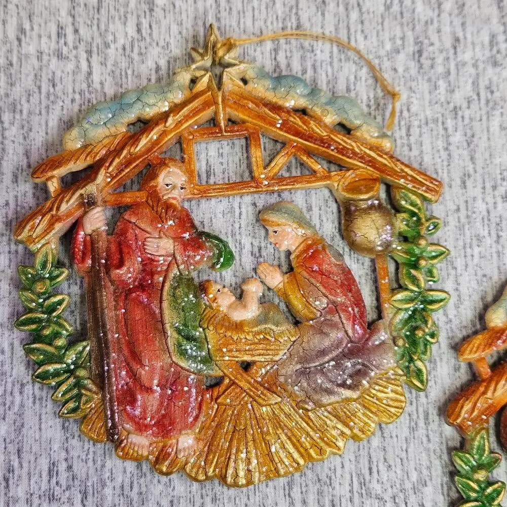 VTG 70s Christmas Tree Ornament Set of 2 Nativity Baby Jesus Mary Joseph Stable